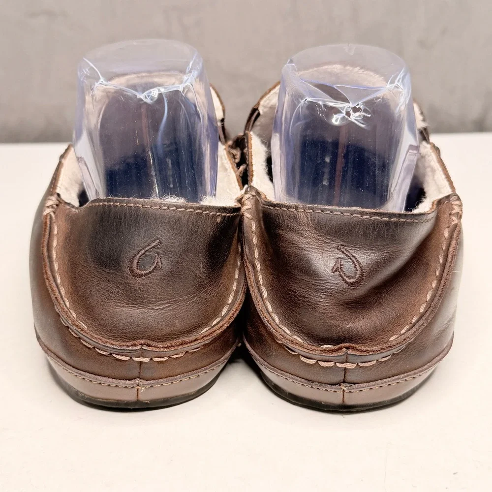 OluKai Moloa Slipper Mens 9 Dark Wood Leather Shearling Lined Loafers